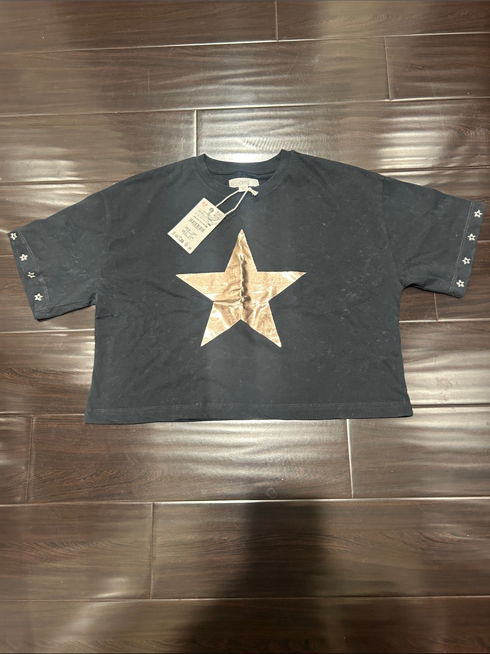 Zara Kids Black Tee with Metallic Gold Star NWT